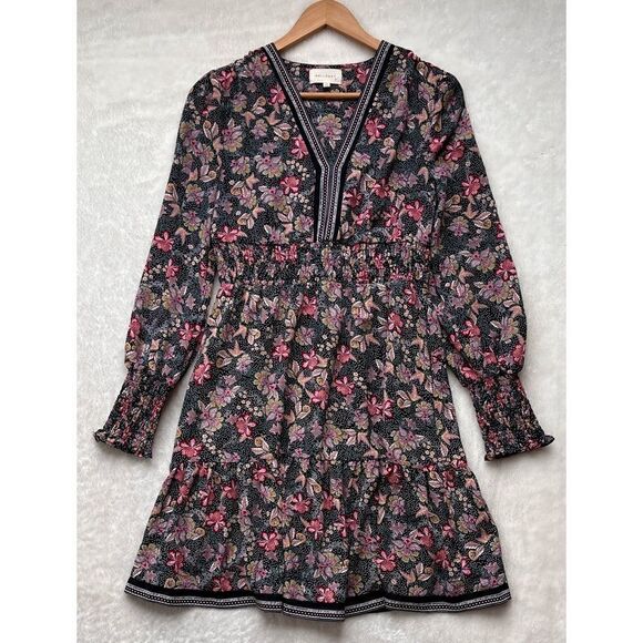 Melloday Long Sleeve Contrast Trim Printed Mini Dress in Tea Pink Floral, XS - Picture 2 of 10